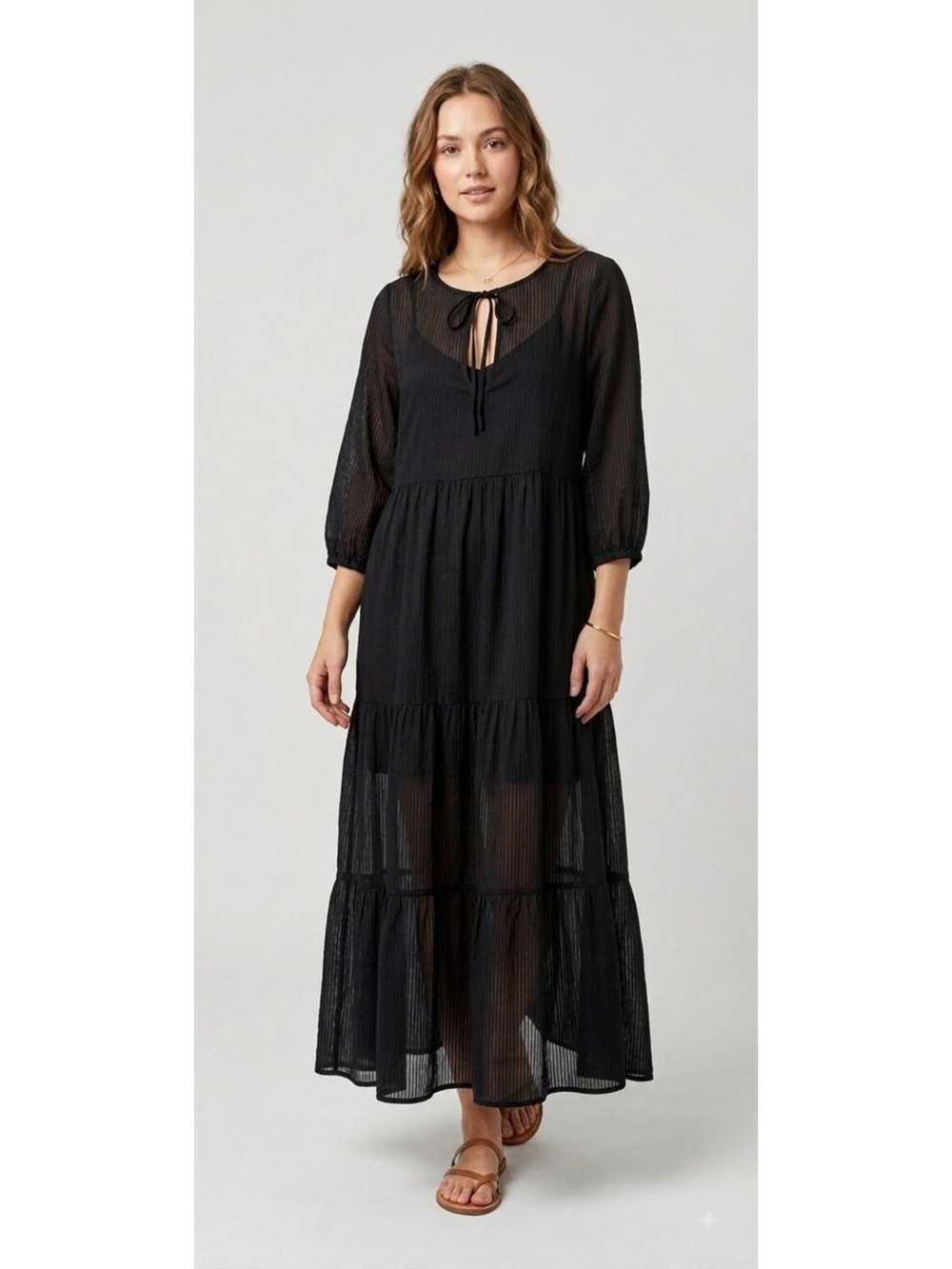 Natural Life Semi-Sheer Tiered Maxi Cover Up Dress Sage PinStripe size L/XL